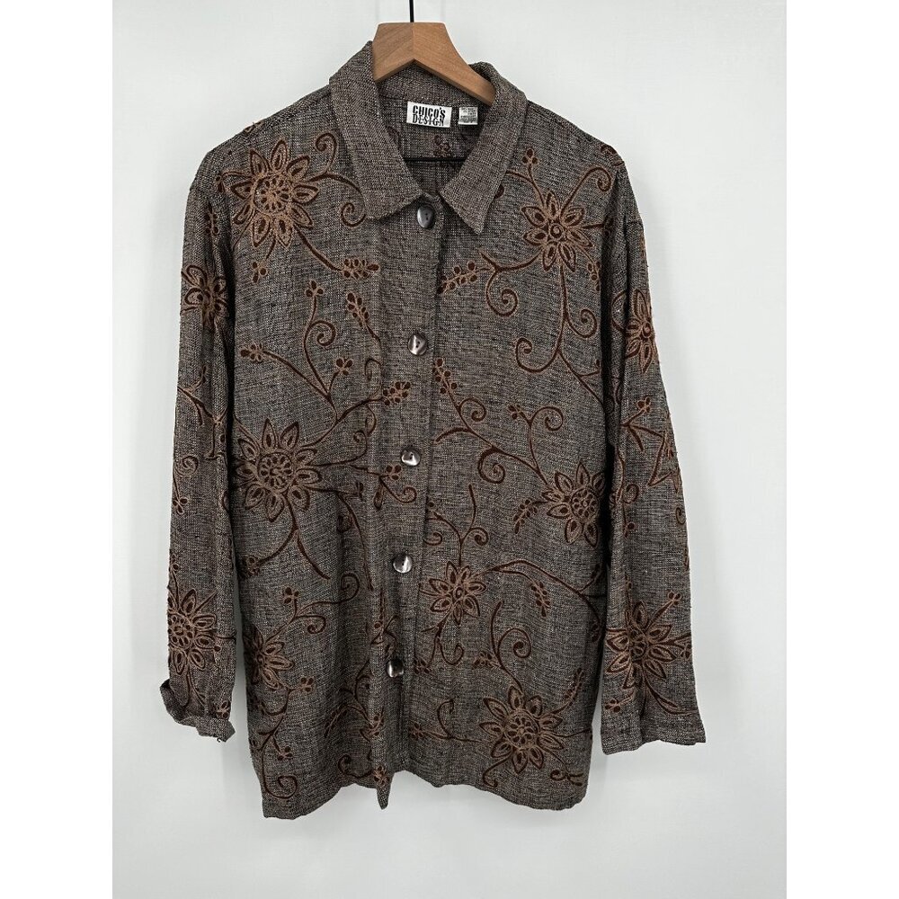 Chicos Design Blazer Jacket Women 2 (L) Silk Woven Floral Embroidery Gray Brown
